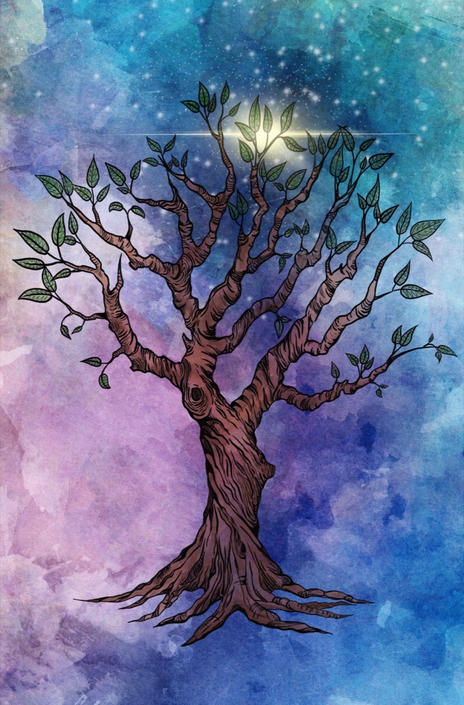 A tree mandala on a blue and violet watercolor background